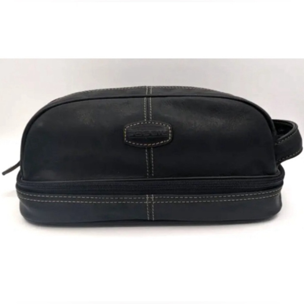 Fossil Mens Black Leather Toiletry Travel Bag Zip 2 Compartments Handle